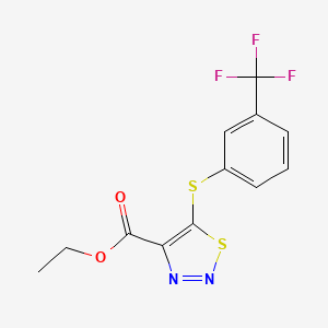 molecular formula C12H9F3N2O2S2 B2714855 Ethyl 5-{[3-(trifluoromethyl)phenyl]sulfanyl}-1,2,3-thiadiazole-4-carboxylate CAS No. 306977-11-7