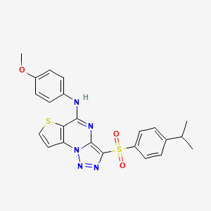 molecular formula C23H21N5O3S2 B2714893 3-((4-isopropylphenyl)sulfonyl)-N-(4-methoxyphenyl)thieno[2,3-e][1,2,3]triazolo[1,5-a]pyrimidin-5-amine CAS No. 892741-12-7