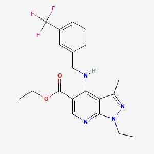 molecular formula C20H21F3N4O2 B2714927 乙酸乙酯 1-乙基-3-甲基-4-{[3-(三氟甲基)苯甲基]氨基}-1H-吡唑并[3,4-b]吡啶-5-甲酸酯 CAS No. 860785-55-3