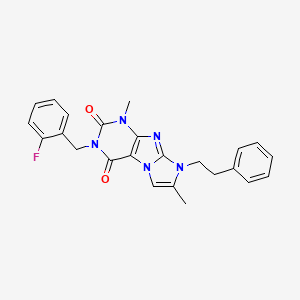molecular formula C24H22FN5O2 B2714976 3-(2-fluorobenzyl)-1,7-dimethyl-8-phenethyl-1H-imidazo[2,1-f]purine-2,4(3H,8H)-dione CAS No. 877644-37-6