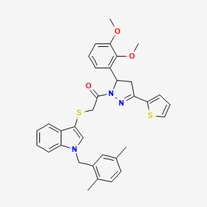 molecular formula C34H33N3O3S2 B2714982 1-(5-(2,3-dimethoxyphenyl)-3-(thiophen-2-yl)-4,5-dihydro-1H-pyrazol-1-yl)-2-((1-(2,5-dimethylbenzyl)-1H-indol-3-yl)thio)ethanone CAS No. 681279-89-0