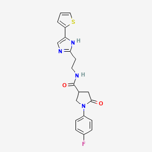 molecular formula C20H19FN4O2S B2715023 1-(4-fluorophenyl)-5-oxo-N-(2-(4-(thiophen-2-yl)-1H-imidazol-2-yl)ethyl)pyrrolidine-3-carboxamide CAS No. 1396850-19-3