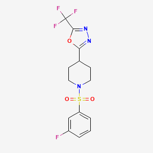 molecular formula C14H13F4N3O3S B2715046 2-(1-((3-Fluorophenyl)sulfonyl)piperidin-4-yl)-5-(trifluoromethyl)-1,3,4-oxadiazole CAS No. 1396766-92-9