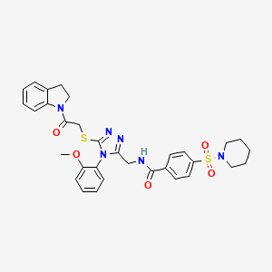 molecular formula C32H34N6O5S2 B2715072 N-[[5-[2-(2,3-dihydroindol-1-yl)-2-oxoethyl]sulfanyl-4-(2-methoxyphenyl)-1,2,4-triazol-3-yl]methyl]-4-piperidin-1-ylsulfonylbenzamide CAS No. 310449-72-0