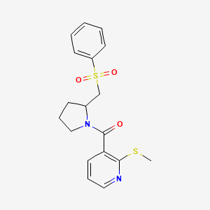 molecular formula C18H20N2O3S2 B2715076 (2-(Methylthio)pyridin-3-yl)(2-((phenylsulfonyl)methyl)pyrrolidin-1-yl)methanone CAS No. 1448078-60-1