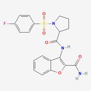 molecular formula C20H18FN3O5S B2715095 N-(2-carbamoylbenzofuran-3-yl)-1-((4-fluorophenyl)sulfonyl)pyrrolidine-2-carboxamide CAS No. 1048642-20-1