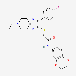 molecular formula C25H27FN4O3S B2715216 N-(2,3-dihydro-1,4-benzodioxin-6-yl)-2-{[8-ethyl-3-(4-fluorophenyl)-1,4,8-triazaspiro[4.5]deca-1,3-dien-2-yl]thio}acetamide CAS No. 1189931-37-0