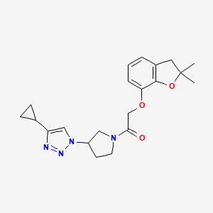 molecular formula C21H26N4O3 B2715231 1-(3-(4-cyclopropyl-1H-1,2,3-triazol-1-yl)pyrrolidin-1-yl)-2-((2,2-dimethyl-2,3-dihydrobenzofuran-7-yl)oxy)ethanone CAS No. 2034612-31-0