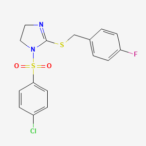 molecular formula C16H14ClFN2O2S2 B2715232 1-(4-Chlorophenyl)sulfonyl-2-[(4-fluorophenyl)methylsulfanyl]-4,5-dihydroimidazole CAS No. 868216-85-7