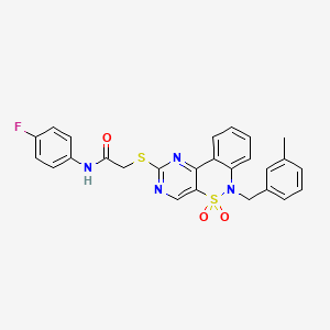 molecular formula C26H21FN4O3S2 B2715244 N-(4-fluorophenyl)-2-{[6-(3-methylbenzyl)-5,5-dioxido-6H-pyrimido[5,4-c][2,1]benzothiazin-2-yl]thio}acetamide CAS No. 895099-77-1