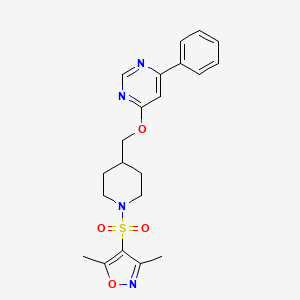 molecular formula C21H24N4O4S B2715395 3,5-Dimethyl-4-[4-[(6-phenylpyrimidin-4-yl)oxymethyl]piperidin-1-yl]sulfonyl-1,2-oxazole CAS No. 2380067-96-7