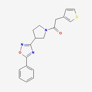 molecular formula C18H17N3O2S B2715767 1-(3-(5-Phenyl-1,2,4-oxadiazol-3-yl)pyrrolidin-1-yl)-2-(thiophen-3-yl)ethanone CAS No. 2034602-51-0