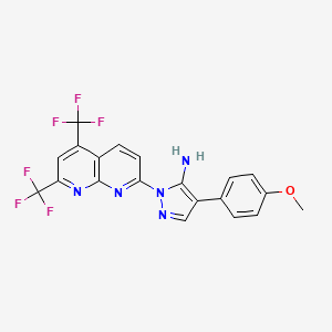 molecular formula C20H13F6N5O B2715782 2-[5,7-Bis(trifluoromethyl)-1,8-naphthyridin-2-yl]-4-(4-methoxyphenyl)pyrazol-3-amine CAS No. 321522-21-8