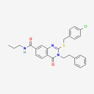 molecular formula C27H26ClN3O2S B2715862 2-((4-chlorobenzyl)thio)-4-oxo-3-phenethyl-N-propyl-3,4-dihydroquinazoline-7-carboxamide CAS No. 1115485-53-4
