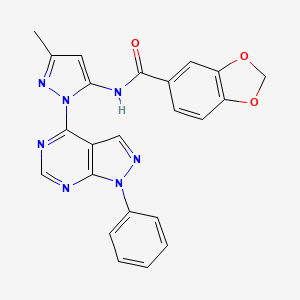 molecular formula C23H17N7O3 B2715978 N-(3-methyl-1-(1-phenyl-1H-pyrazolo[3,4-d]pyrimidin-4-yl)-1H-pyrazol-5-yl)benzo[d][1,3]dioxole-5-carboxamide CAS No. 1005999-79-0