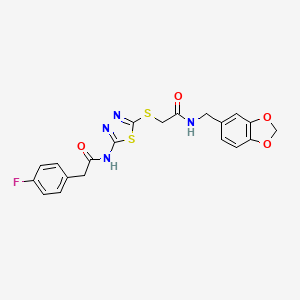 molecular formula C20H17FN4O4S2 B2716117 N-(benzo[d][1,3]dioxol-5-ylmethyl)-2-((5-(2-(4-fluorophenyl)acetamido)-1,3,4-thiadiazol-2-yl)thio)acetamide CAS No. 868977-38-2