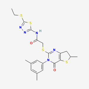 molecular formula C21H23N5O2S4 B2716157 2-[[3-(3,5-dimethylphenyl)-6-methyl-4-oxo-6,7-dihydrothieno[3,2-d]pyrimidin-2-yl]sulfanyl]-N-(5-ethylsulfanyl-1,3,4-thiadiazol-2-yl)acetamide CAS No. 851410-70-3
