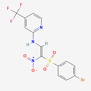 molecular formula C14H9BrF3N3O4S B2716174 1-((4-Bromophenyl)sulfonyl)-1-nitro-2-((4-(trifluoromethyl)(2-pyridyl))amino)ethene CAS No. 1274947-94-2