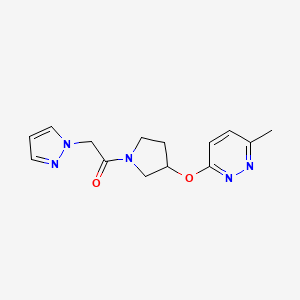 molecular formula C14H17N5O2 B2716183 1-(3-((6-methylpyridazin-3-yl)oxy)pyrrolidin-1-yl)-2-(1H-pyrazol-1-yl)ethanone CAS No. 2034444-26-1