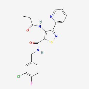 molecular formula C19H16ClFN4O2S B2716219 N-(3-chloro-4-fluorobenzyl)-4-propionamido-3-(pyridin-2-yl)isothiazole-5-carboxamide CAS No. 1251676-90-0