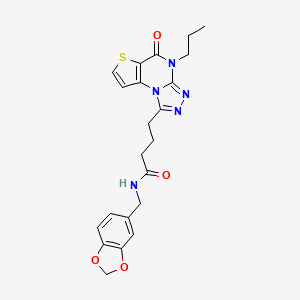 molecular formula C22H23N5O4S B2716270 N-(benzo[d][1,3]dioxol-5-ylmethyl)-4-(5-oxo-4-propyl-4,5-dihydrothieno[2,3-e][1,2,4]triazolo[4,3-a]pyrimidin-1-yl)butanamide CAS No. 892766-35-7
