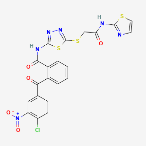 molecular formula C21H13ClN6O5S3 B2716311 2-(4-chloro-3-nitrobenzoyl)-N-(5-((2-oxo-2-(thiazol-2-ylamino)ethyl)thio)-1,3,4-thiadiazol-2-yl)benzamide CAS No. 393571-73-8