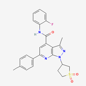 molecular formula C25H23FN4O3S B2716355 1-(1,1-dioxidotetrahydrothiophen-3-yl)-N-(2-fluorophenyl)-3-methyl-6-(p-tolyl)-1H-pyrazolo[3,4-b]pyridine-4-carboxamide CAS No. 1105245-55-3