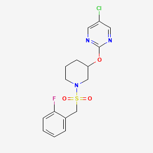 molecular formula C16H17ClFN3O3S B2716365 5-Chloro-2-((1-((2-fluorobenzyl)sulfonyl)piperidin-3-yl)oxy)pyrimidine CAS No. 2034633-37-7