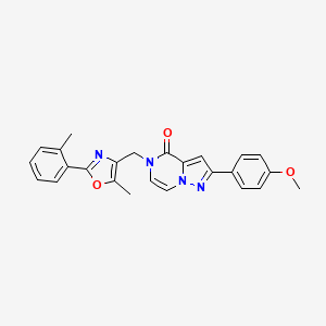 molecular formula C25H22N4O3 B2716366 2-(4-methoxyphenyl)-5-((5-methyl-2-(o-tolyl)oxazol-4-yl)methyl)pyrazolo[1,5-a]pyrazin-4(5H)-one CAS No. 1359483-60-5