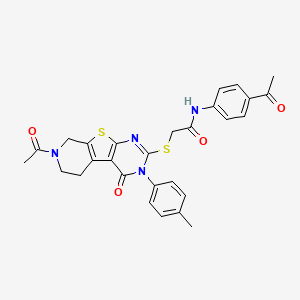 molecular formula C28H26N4O4S2 B2716388 2-((7-acetyl-4-oxo-3-(p-tolyl)-3,4,5,6,7,8-hexahydropyrido[4',3':4,5]thieno[2,3-d]pyrimidin-2-yl)thio)-N-(4-acetylphenyl)acetamide CAS No. 1189986-87-5