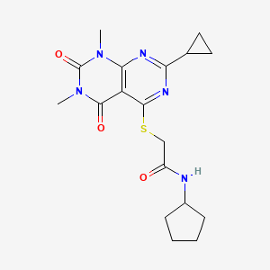 molecular formula C18H23N5O3S B2716443 N-cyclopentyl-2-((2-cyclopropyl-6,8-dimethyl-5,7-dioxo-5,6,7,8-tetrahydropyrimido[4,5-d]pyrimidin-4-yl)thio)acetamide CAS No. 863003-06-9