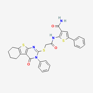 molecular formula C29H24N4O3S3 B2716501 2-[[2-[(4-酮-3-苯基-5,6,7,8-四氢-[1]苯并噻唑并[2,3-d]嘧啶-2-基)硫基]乙酰]氨基]-5-苯基噻吩-3-羧酰胺 CAS No. 379236-01-8