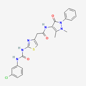 molecular formula C23H21ClN6O3S B2716520 2-(2-(3-(3-chlorophenyl)ureido)thiazol-4-yl)-N-(1,5-dimethyl-3-oxo-2-phenyl-2,3-dihydro-1H-pyrazol-4-yl)acetamide CAS No. 897621-56-6