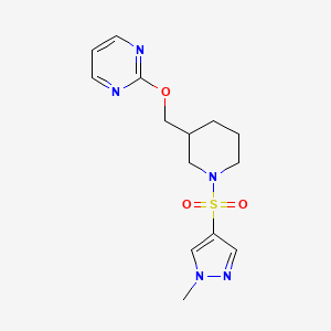 molecular formula C14H19N5O3S B2716579 2-[[1-(1-Methylpyrazol-4-yl)sulfonylpiperidin-3-yl]methoxy]pyrimidine CAS No. 2379972-17-3