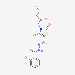molecular formula C15H13Cl2N3O4S B2716581 (E)-乙酸-2-(4-氯-5-((2-(2-氯苯甲酰)肼亚甲基)-2-氧代噻唑-3(2H)-基)乙酸酯 CAS No. 887197-22-0