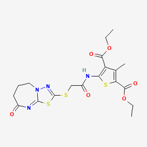 molecular formula C19H22N4O6S3 B2716643 diethyl 3-methyl-5-[[2-[(8-oxo-6,7-dihydro-5H-[1,3,4]thiadiazolo[3,2-a][1,3]diazepin-2-yl)sulfanyl]acetyl]amino]thiophene-2,4-dicarboxylate CAS No. 497063-89-5
