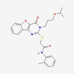 molecular formula C25H27N3O4S B2716938 N-(2-methylphenyl)-2-({4-oxo-3-[3-(propan-2-yloxy)propyl]-3,4-dihydro[1]benzofuro[3,2-d]pyrimidin-2-yl}sulfanyl)acetamide CAS No. 899961-83-2
