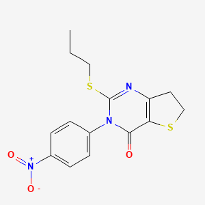 molecular formula C15H15N3O3S2 B2716980 3-(4-Nitrophenyl)-2-propylsulfanyl-6,7-dihydrothieno[3,2-d]pyrimidin-4-one CAS No. 687569-14-8