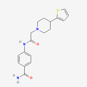 molecular formula C18H21N3O2S B2717001 4-(2-(4-(Thiophen-2-yl)piperidin-1-yl)acetamido)benzamide CAS No. 1396858-46-0