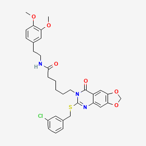 molecular formula C32H34ClN3O6S B2717028 6-(6-((3-chlorobenzyl)thio)-8-oxo-[1,3]dioxolo[4,5-g]quinazolin-7(8H)-yl)-N-(3,4-dimethoxyphenethyl)hexanamide CAS No. 688061-53-2