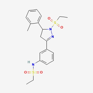 molecular formula C20H25N3O4S2 B2717175 N-[3-[2-ethylsulfonyl-3-(2-methylphenyl)-3,4-dihydropyrazol-5-yl]phenyl]ethanesulfonamide CAS No. 851783-11-4