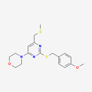 molecular formula C18H23N3O2S2 B2717235 4-{2-[(4-Methoxybenzyl)sulfanyl]-6-[(methylsulfanyl)methyl]-4-pyrimidinyl}morpholine CAS No. 303985-02-6