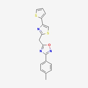 molecular formula C17H13N3OS2 B2717271 5-((4-(Thiophen-2-yl)thiazol-2-yl)methyl)-3-(p-tolyl)-1,2,4-oxadiazole CAS No. 1172883-96-3