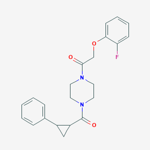 molecular formula C22H23FN2O3 B2717318 2-(2-Fluorophenoxy)-1-(4-(2-phenylcyclopropanecarbonyl)piperazin-1-yl)ethanone CAS No. 1211775-19-7