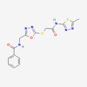 molecular formula C15H14N6O3S2 B2717351 N-((5-((2-((5-甲基-1,3,4-噻二唑-2-基)氨基)-2-氧代乙基)硫)-1,3,4-噁二唑-2-基)甲基)苯甲酰胺 CAS No. 872613-58-6