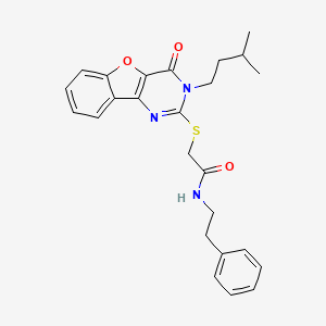 molecular formula C25H27N3O3S B2717365 2-{[3-(3-methylbutyl)-4-oxo-3,4-dihydro[1]benzofuro[3,2-d]pyrimidin-2-yl]sulfanyl}-N-(2-phenylethyl)acetamide CAS No. 899961-31-0