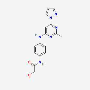 molecular formula C17H18N6O2 B2717418 2-甲氧基-N-(4-((2-甲基-6-(1H-吡唑-1-基)嘧啶-4-基)氨基)苯基)乙酰胺 CAS No. 1203300-62-2