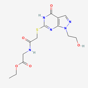 molecular formula C13H17N5O5S B2717423 ethyl 2-(2-((1-(2-hydroxyethyl)-4-oxo-4,5-dihydro-1H-pyrazolo[3,4-d]pyrimidin-6-yl)thio)acetamido)acetate CAS No. 1005295-68-0