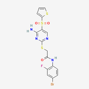 molecular formula C16H12BrFN4O3S3 B2717503 2-{[4-amino-5-(2-thienylsulfonyl)pyrimidin-2-yl]thio}-N-(4-bromo-2-fluorophenyl)acetamide CAS No. 1223997-32-7