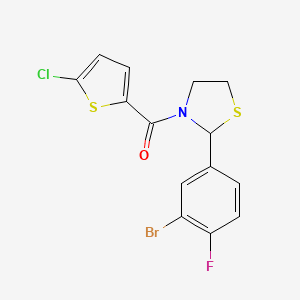 molecular formula C14H10BrClFNOS2 B2717505 (2-(3-Bromo-4-fluorophenyl)thiazolidin-3-yl)(5-chlorothiophen-2-yl)methanone CAS No. 2034382-58-4